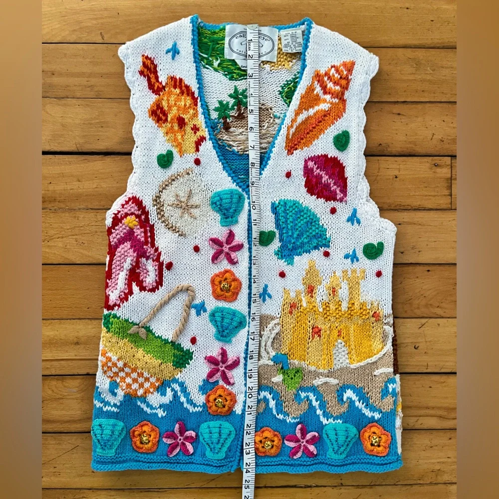 Vintage Eagle’s Eye Hand Knit Beach Themed Vest, Size Small - Picture 12 of 15